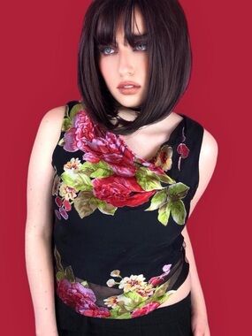 Onyx Nite Black Top with Red Floral Accents